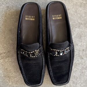 Stuart Weitzman Black Suede Mule with Jewel Accents